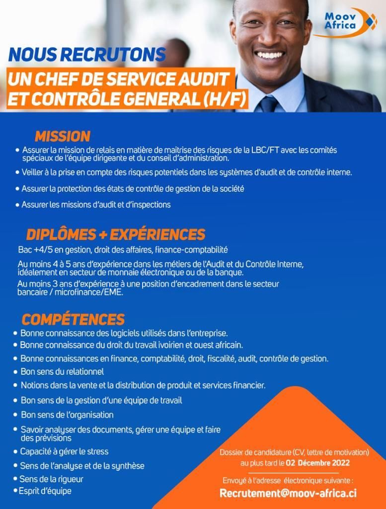 Moov Africa C Te D Ivoire Recrute Un Chef De Service Audit Et Contr Le