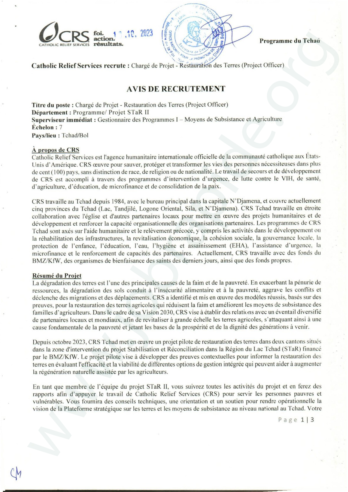 Catholic Relief Services Recrute Un Charg De Projet Restauration Des