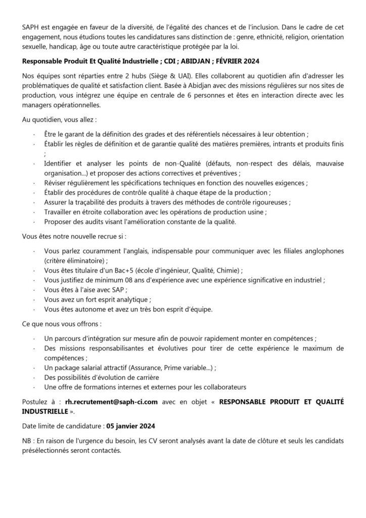 La Saph Recrute Un Responsable Produit Et Qualit Industrielle C Te D