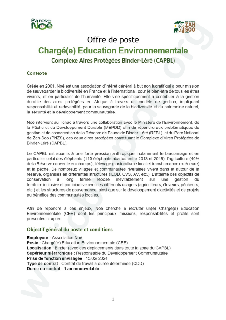 L association Noé recrute un e Chargé e Education environnementale