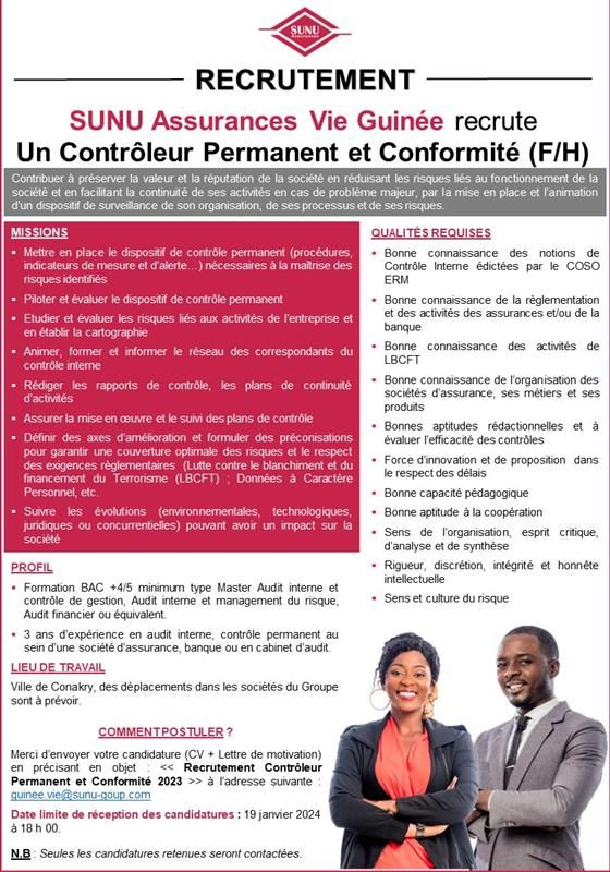 Sunu Assurances Vie Guin E Recrute Un Contr Leur Permanent Et