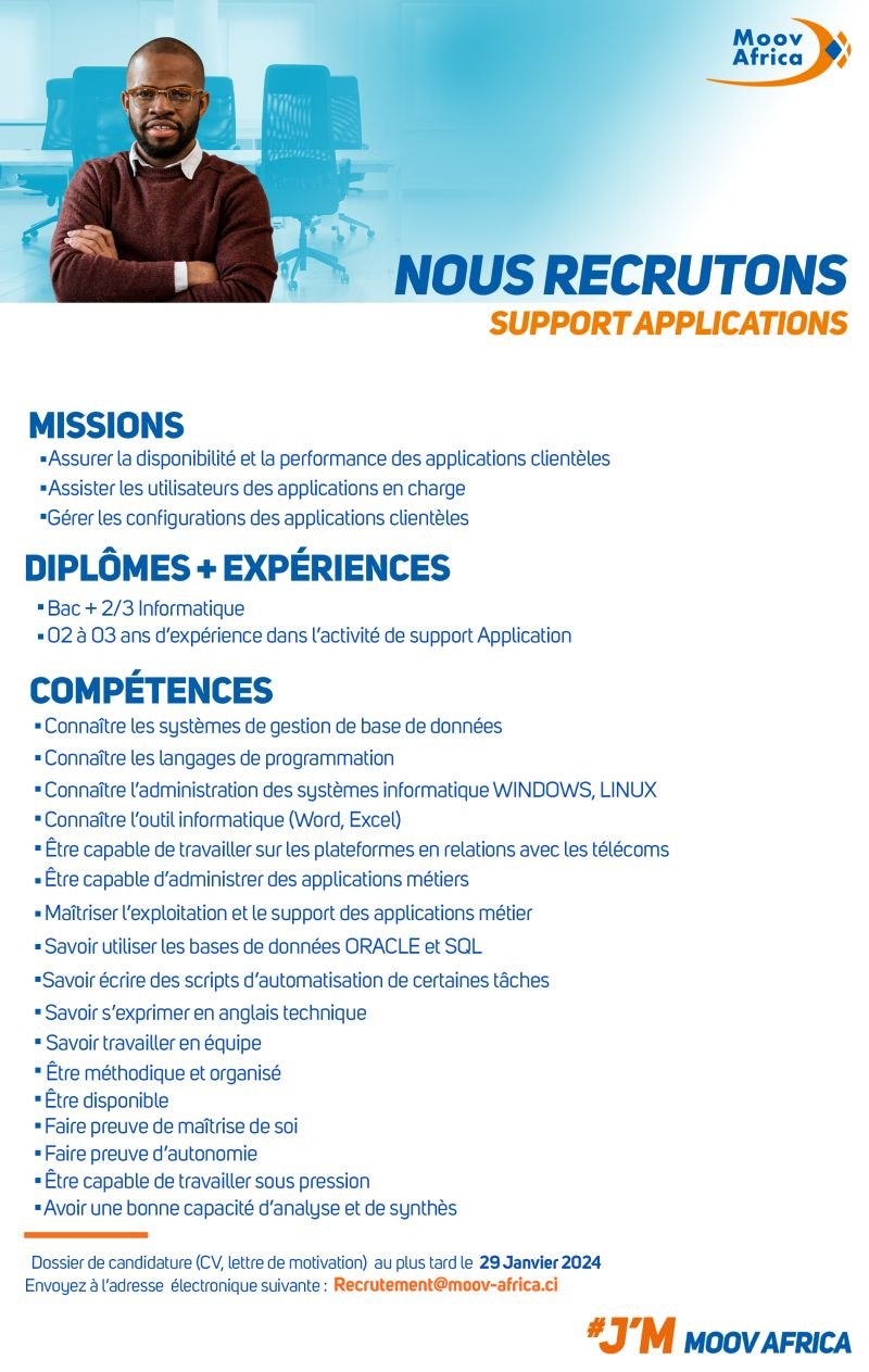 Moov Africa recrute un Support Applications Côte d Ivoire JobRapide