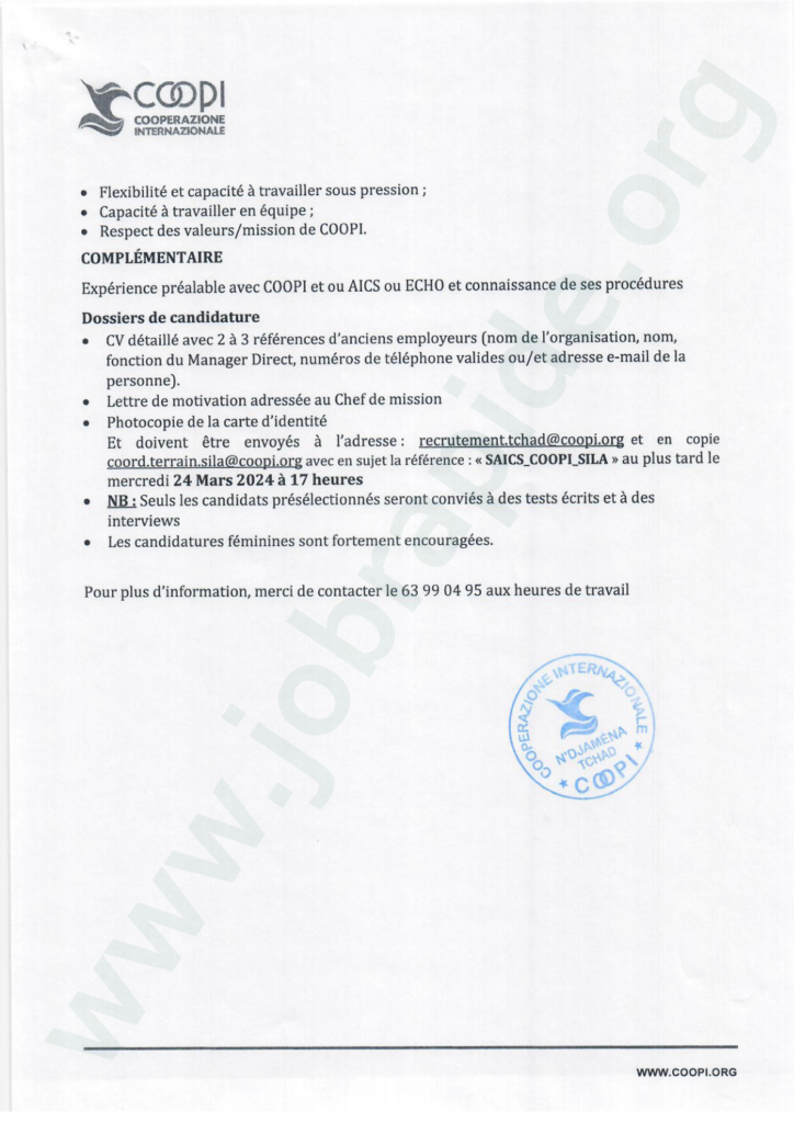 COOPI Recrute Un Superviseur H F Sila Tchad JobRapide