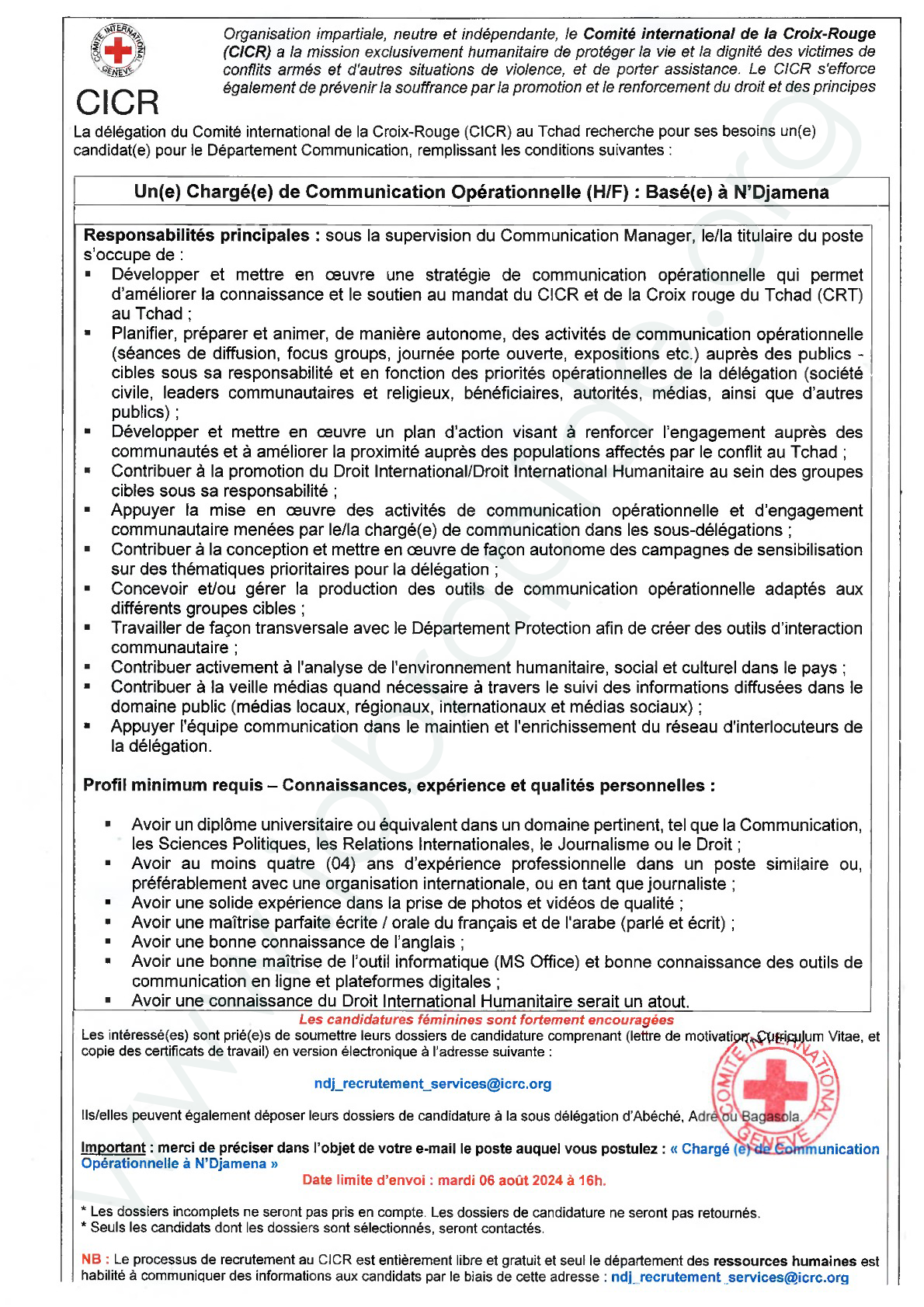 La D L Gation Du Comit International De La Croix Rouge Cicr Recrute