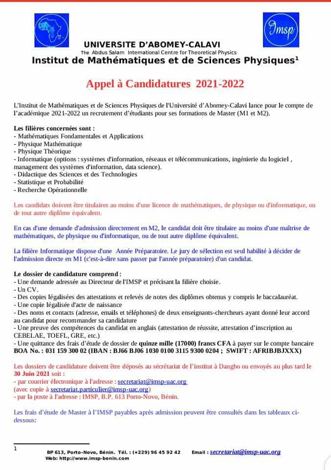 Appel à Candidatures 2021 2022 De Linstitut De Mathématiques Et De Sciences Physiques De L 