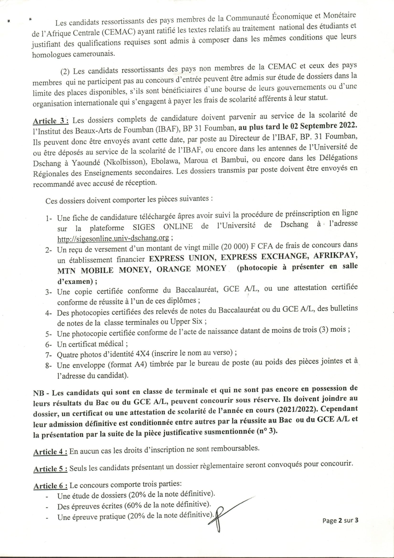 Concours dentrée en 1ère année à lInstitut des Beaux Arts de Foumban IBAF de lUniversité de