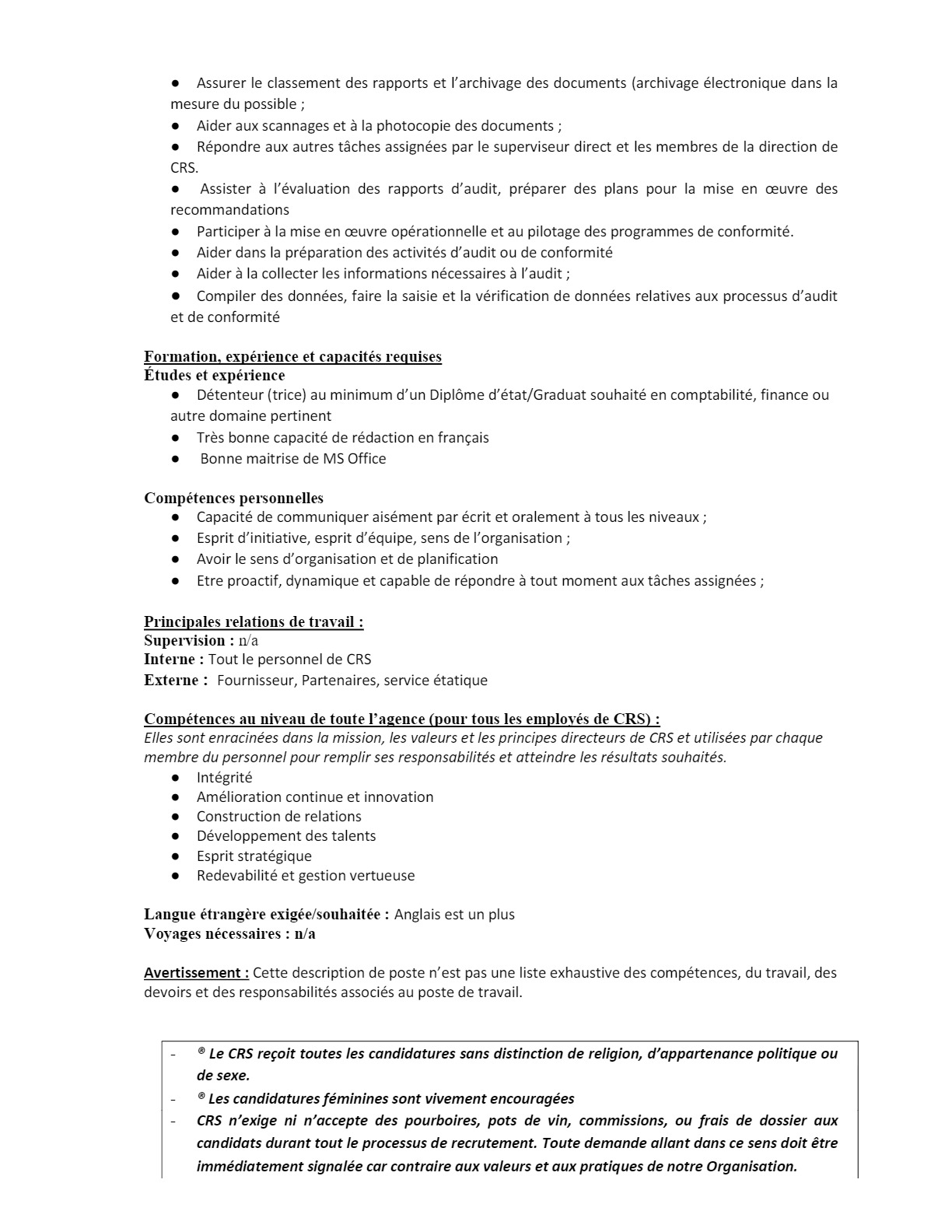 Catholic Relief Services Recrute Un Commis Au Bureau Risque Et