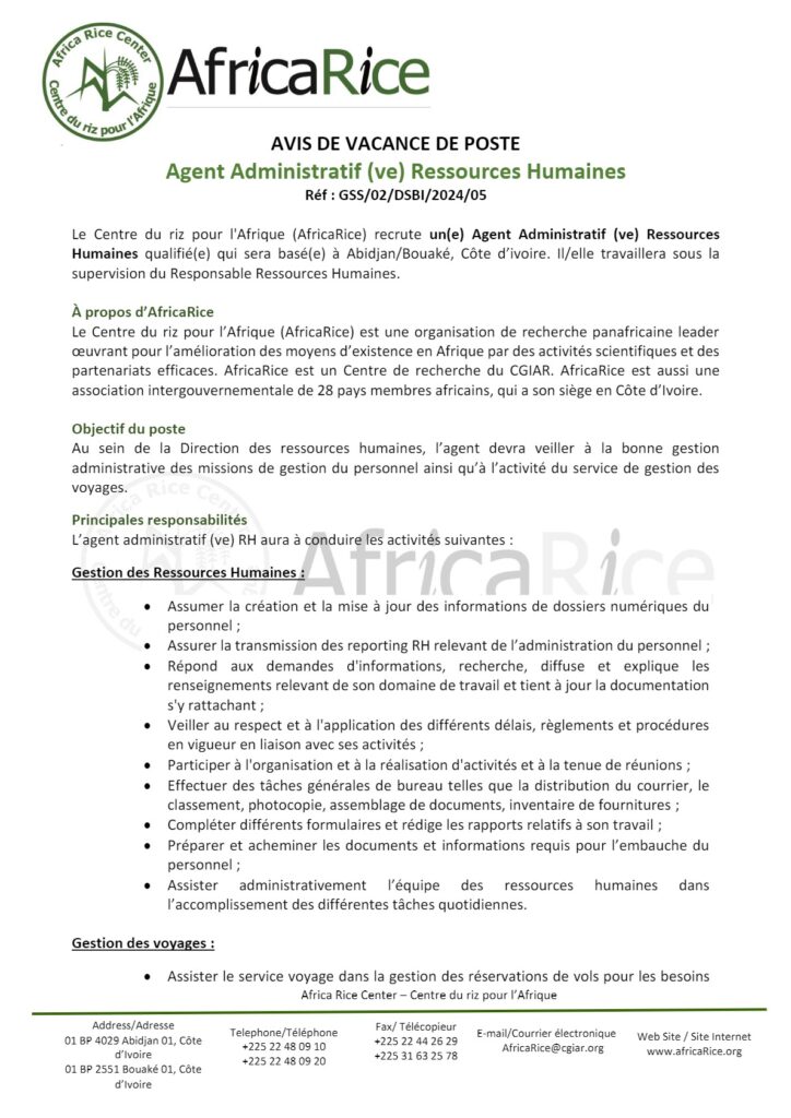 Le Centre Du Riz Pour L Afrique Africarice Recrute Un Agent Administratif Ressources Humaines