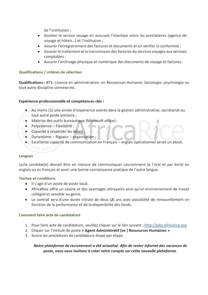 Le Centre Du Riz Pour L Afrique Africarice Recrute Un Agent Administratif Ressources Humaines