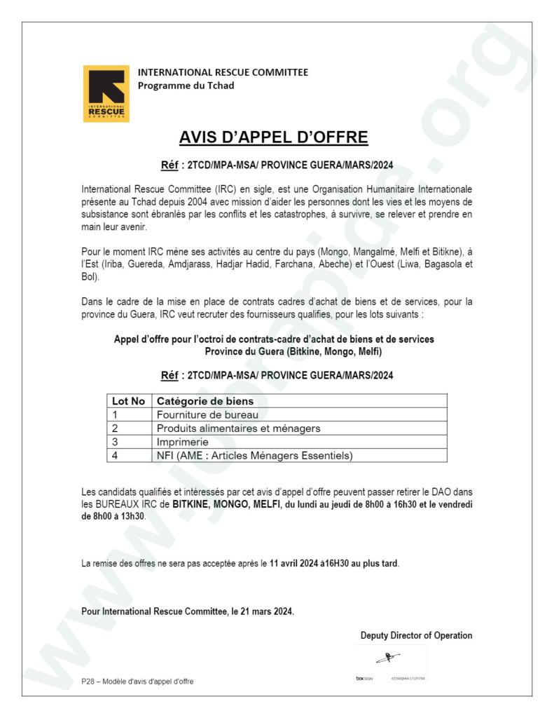 International Rescue Committee Irc Lance Un Avis D Appel D Offres